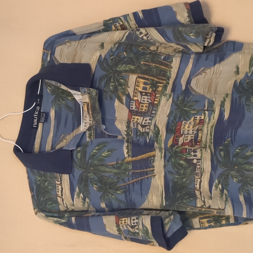 Nautica Tropical Themed Vintage 100% Cotton Polo shirt Size Large
